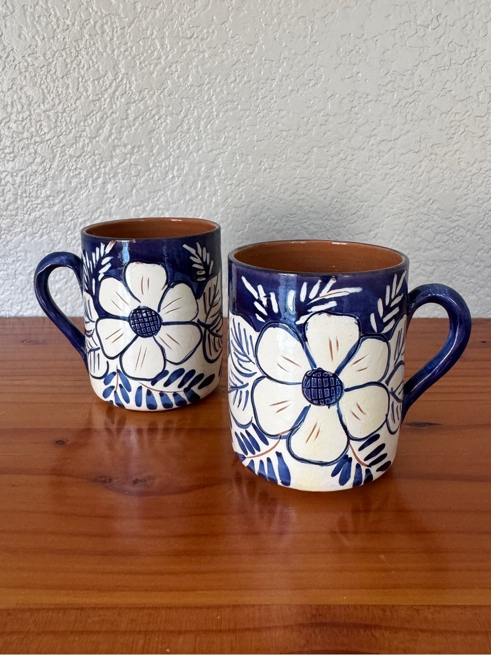 Hand-Painted Blue Floral Ceramic Mugs, set of 2
